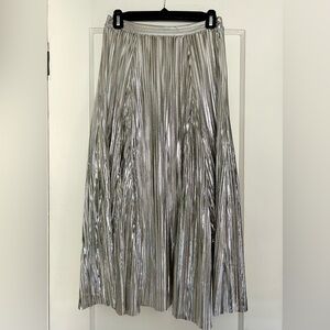 NWT By Anthropologie Metallic Pleated Midi Skirt in Silver - Petite XXS